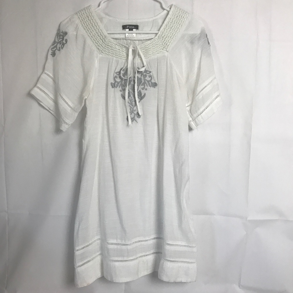 Pixie Blouse Tunic Top Small BOHO White Gray O1P